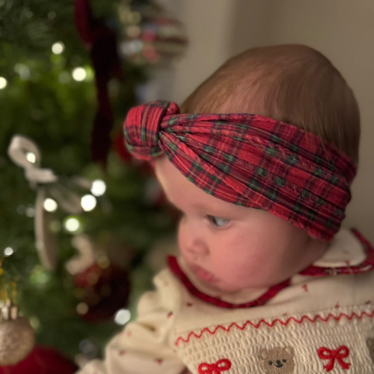 Christmas Red Tartan Knot Headband For Babies to Age 3 - Image 1