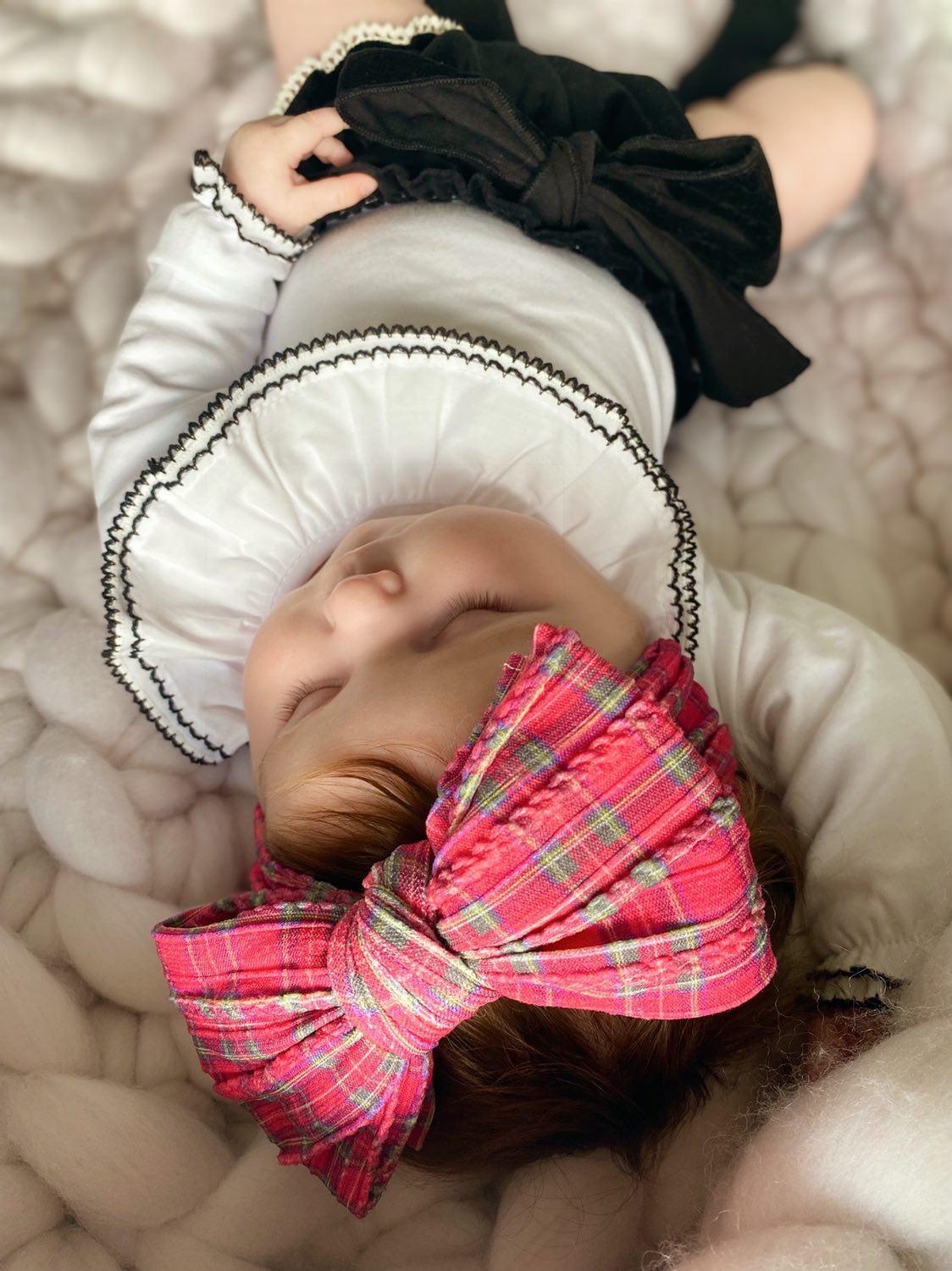 Christmas Red Tartan Larger Bow Headband For Newborn to Age 3 - Image 3