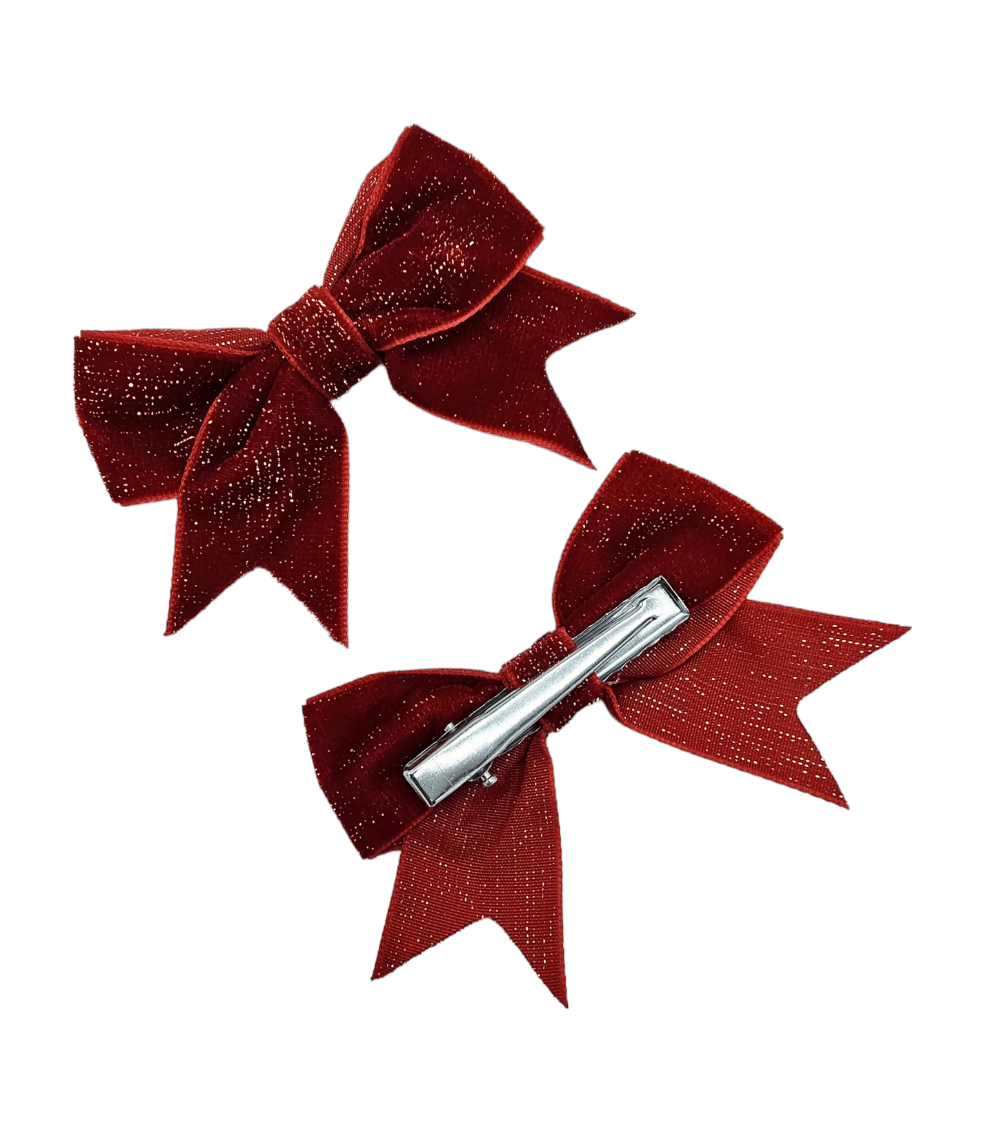 Pair of Red Velvet Christmas Sparkle 3.5 Inch Bow Clips For Girls - Image 2