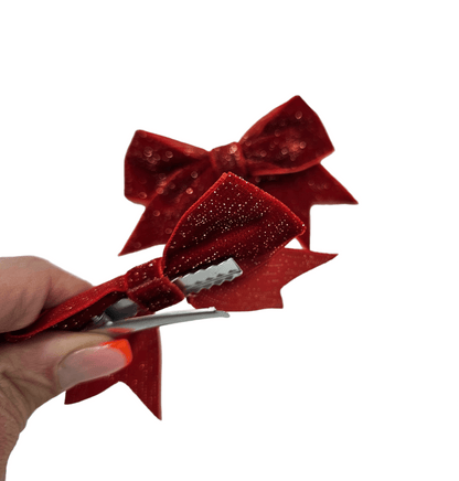 Pair of Red Velvet Christmas Sparkle 3.5 Inch Bow Clips For Girls - Image 3