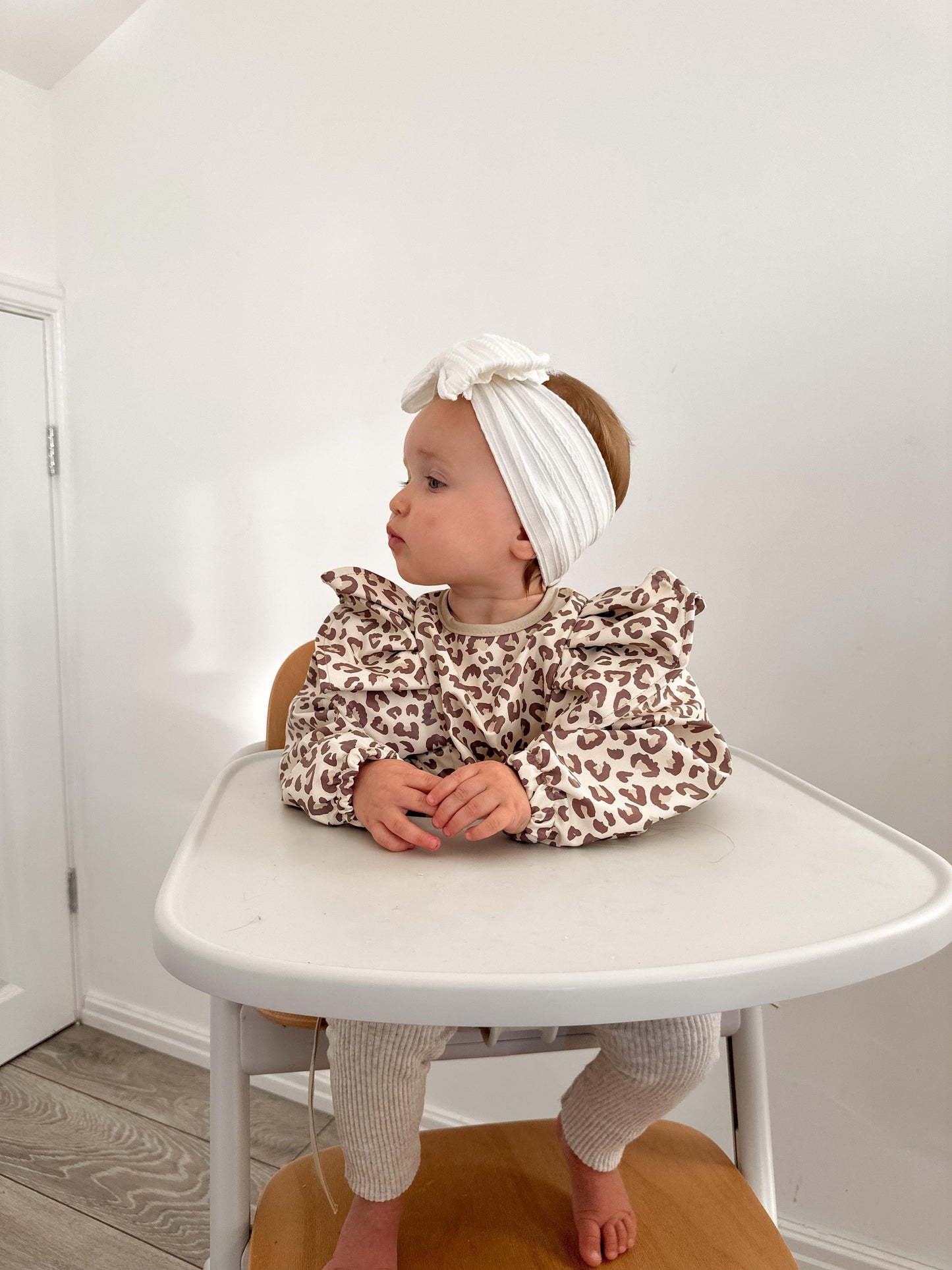 Leopard Print Frill Detail Waterproof Bib with Sleeves