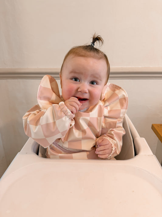 Pink Checkered Pattern Frill Detailed Waterproof Bib with Sleeves