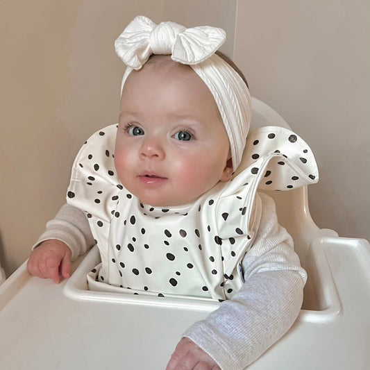 Cream and Black Dalmatian Print Frill Detail Waterproof Bib - Betty Brown Boutique Ltd