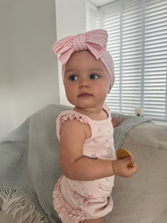 Pink Pinstripe Pattern Larger Bow Cable Knit Headband