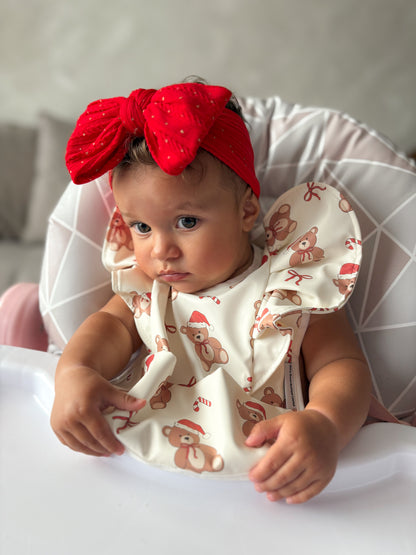 Christmas Teddy Bear Pattern Frill Detailed Waterproof Bib