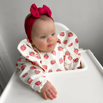 Cream Strawberry Print Frill Detail Waterproof Bib with Sleeves