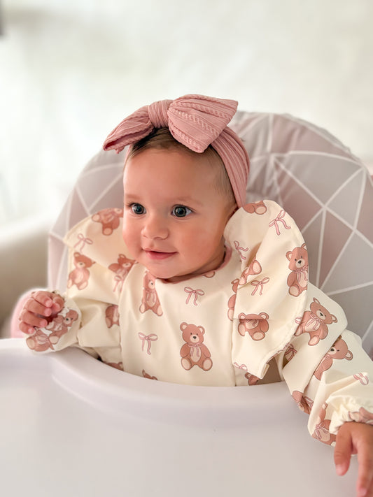 Teddy Bear Bow Pattern Frill Detailed Waterproof Bib with Sleeves
