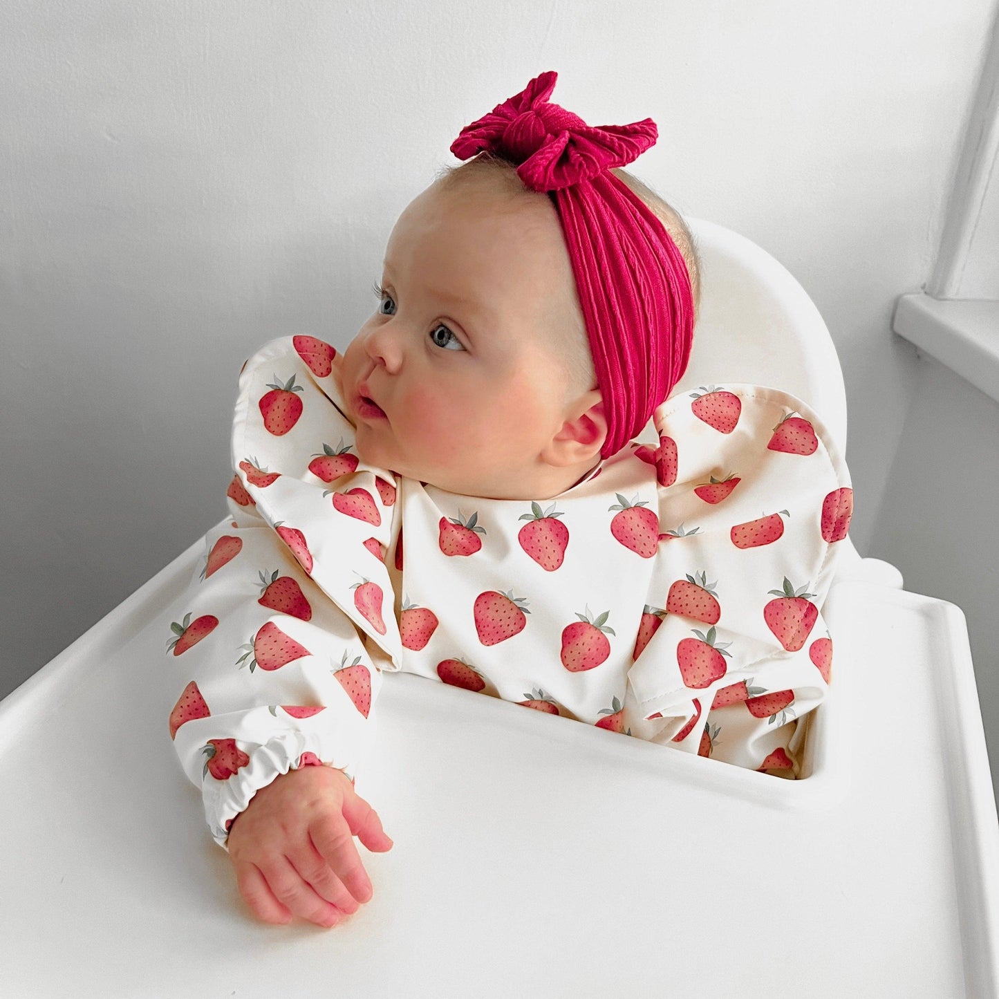 Cream Strawberry Print Frill Detail Waterproof Bib with Sleeves