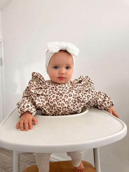 Leopard Print Frill Detail Waterproof Bib with Sleeves