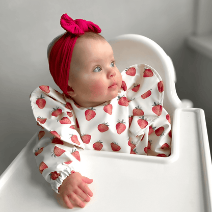 Cream Strawberry Print Frill Detail Waterproof Bib with Sleeves