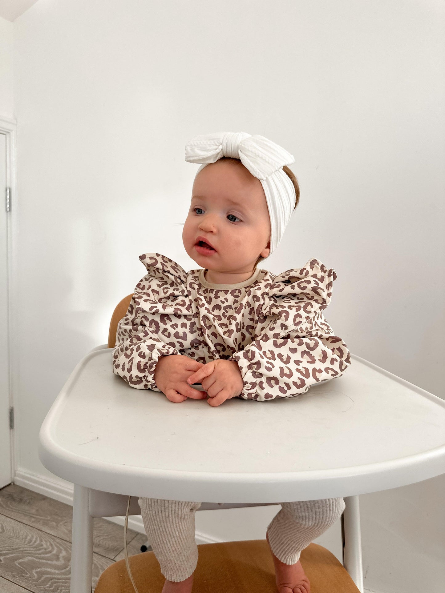 Leopard Print Frill Detail Waterproof Bib with Sleeves