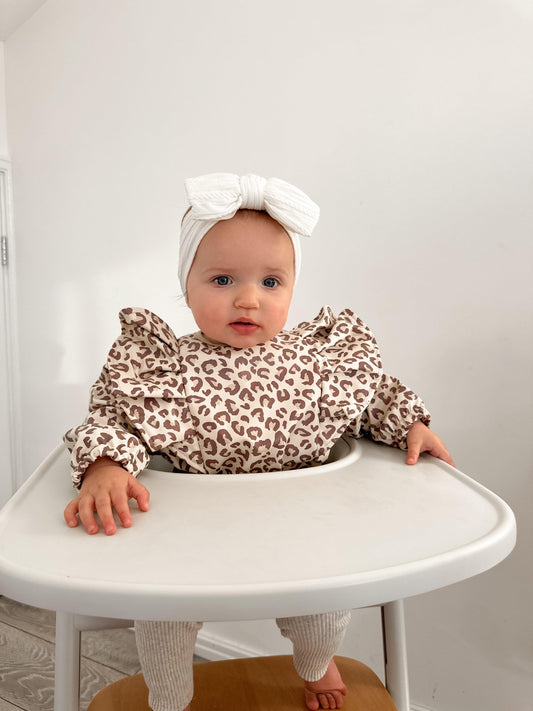 Leopard Print Frill Detail Waterproof Bib with Sleeves