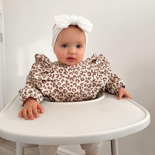 Leopard Print Frill Detailed Waterproof Bib with Sleeves - Betty Brown Boutique Ltd