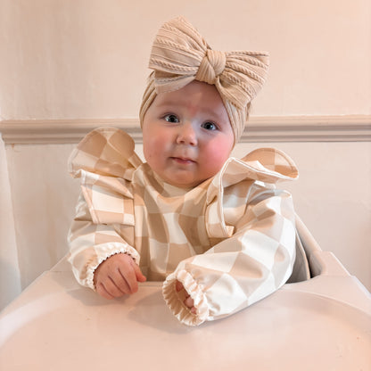 Neutral Checkered Pattern Frill Detailed Waterproof Bib with Sleeves