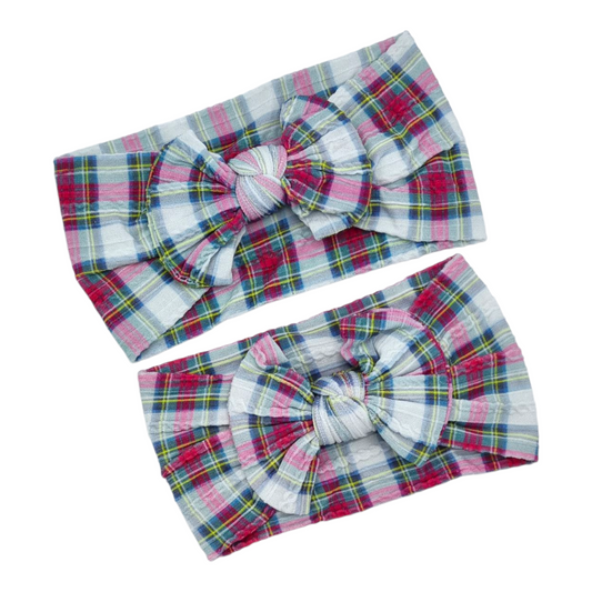 Green and Red Tartan Mummy and Me Matching Cable Knit Headbands - Christmas Collection