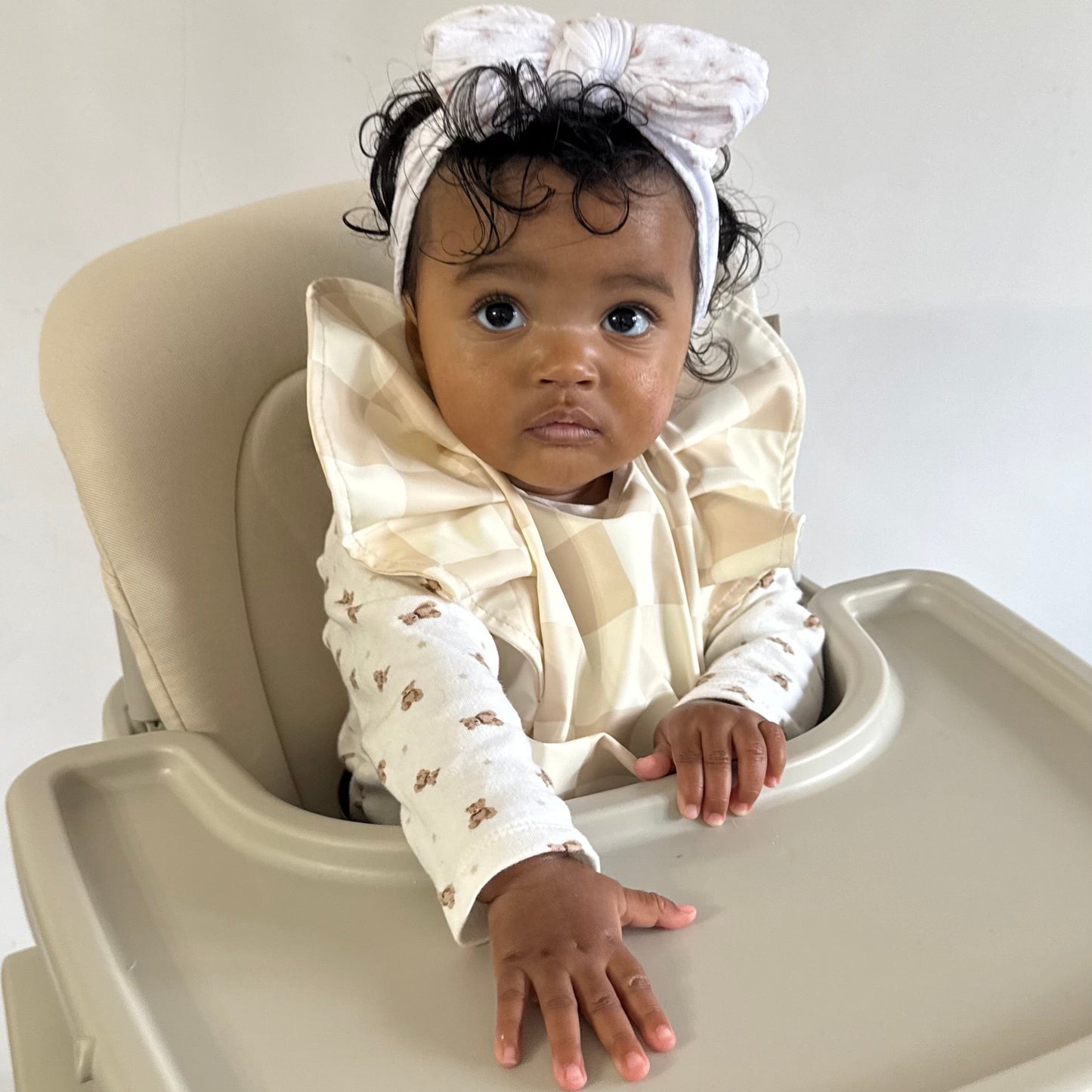 Neutral Checkered Pattern Frill Detailed Waterproof Bib