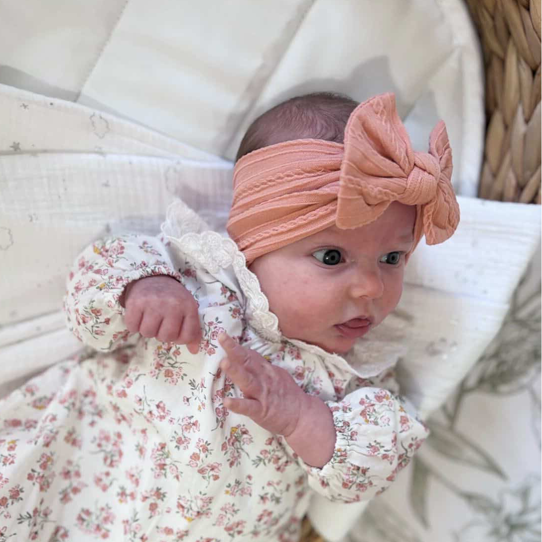 Salmon Pink Smaller Bow Headband For Babies From Newborn - Image 7