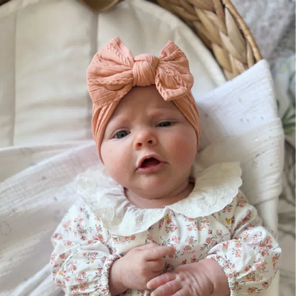 Salmon Pink Smaller Bow Headband For Babies From Newborn - Image 2