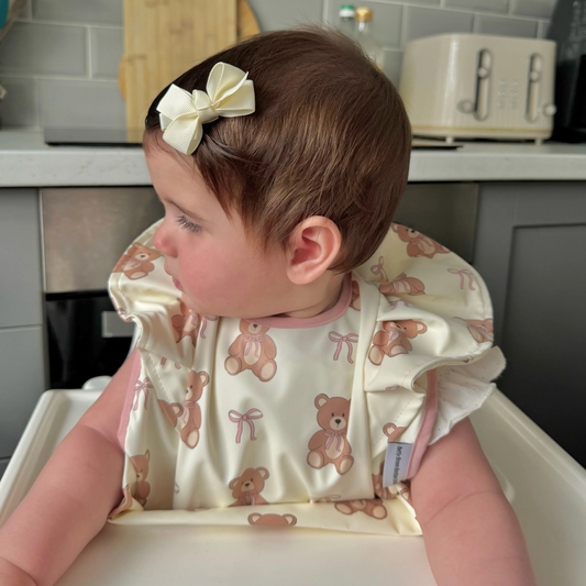Teddy Bear Bow Pattern Frill Detailed Waterproof Weaning Bib