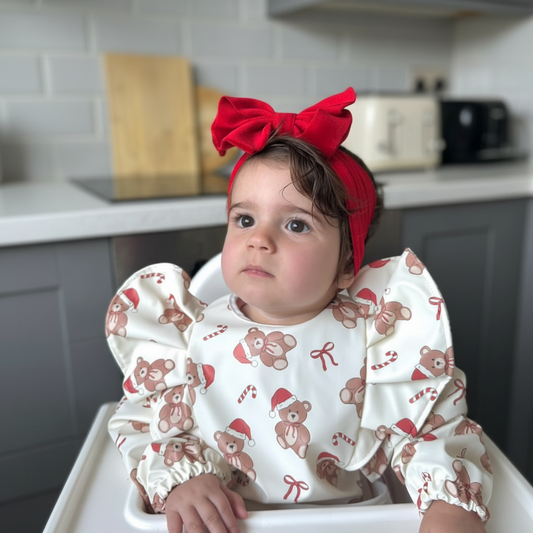 Teddy Bear Christmas Pattern Frill Detailed Waterproof Weaning Bib with Sleeves - 2025