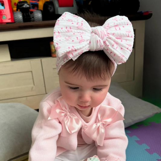 Larger Bow With White Bow Print on Headband for Baby Girl - Image 1