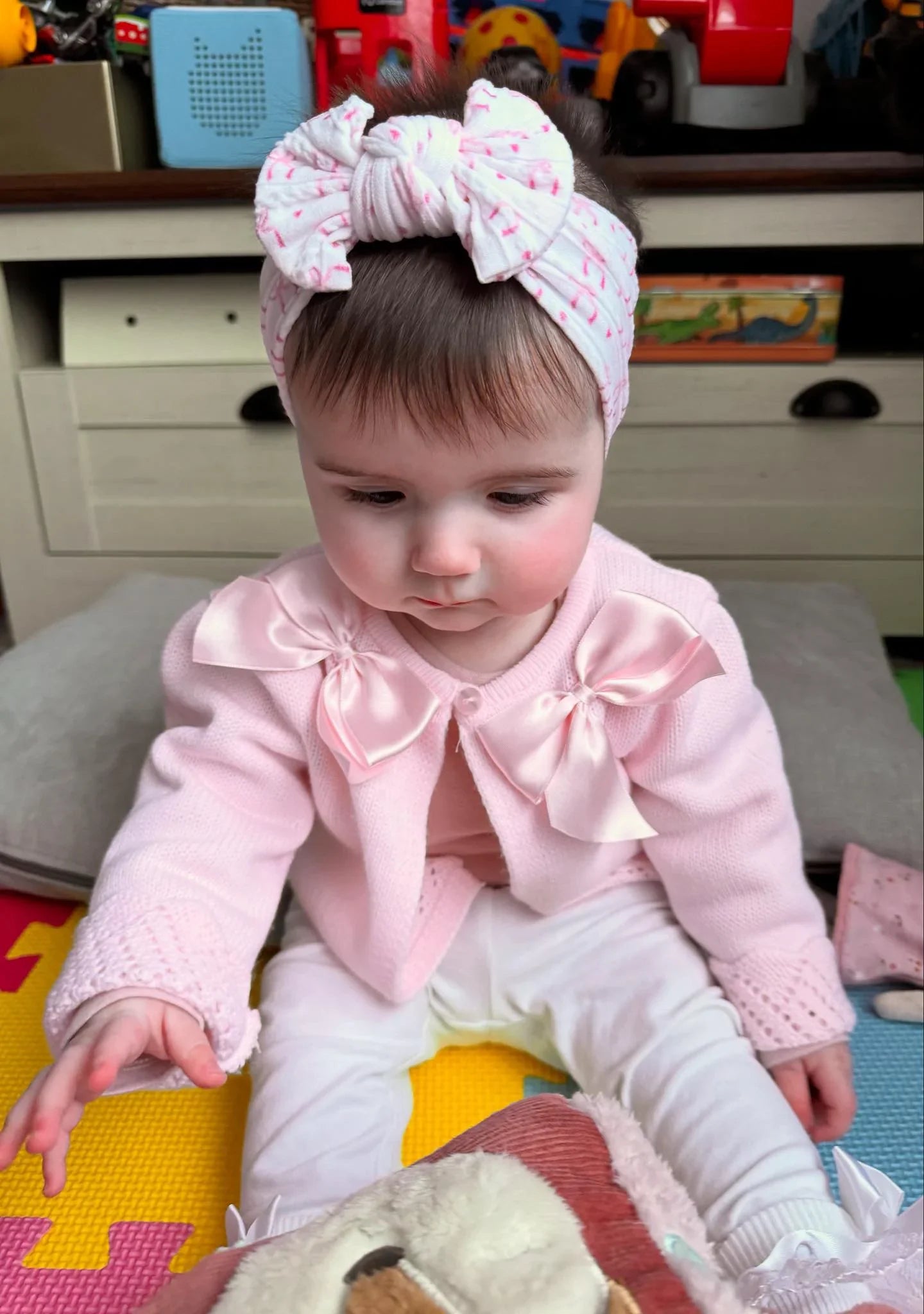 White Bow Print Smaller Bow Headband for Newborns to Age 3  - Image 1