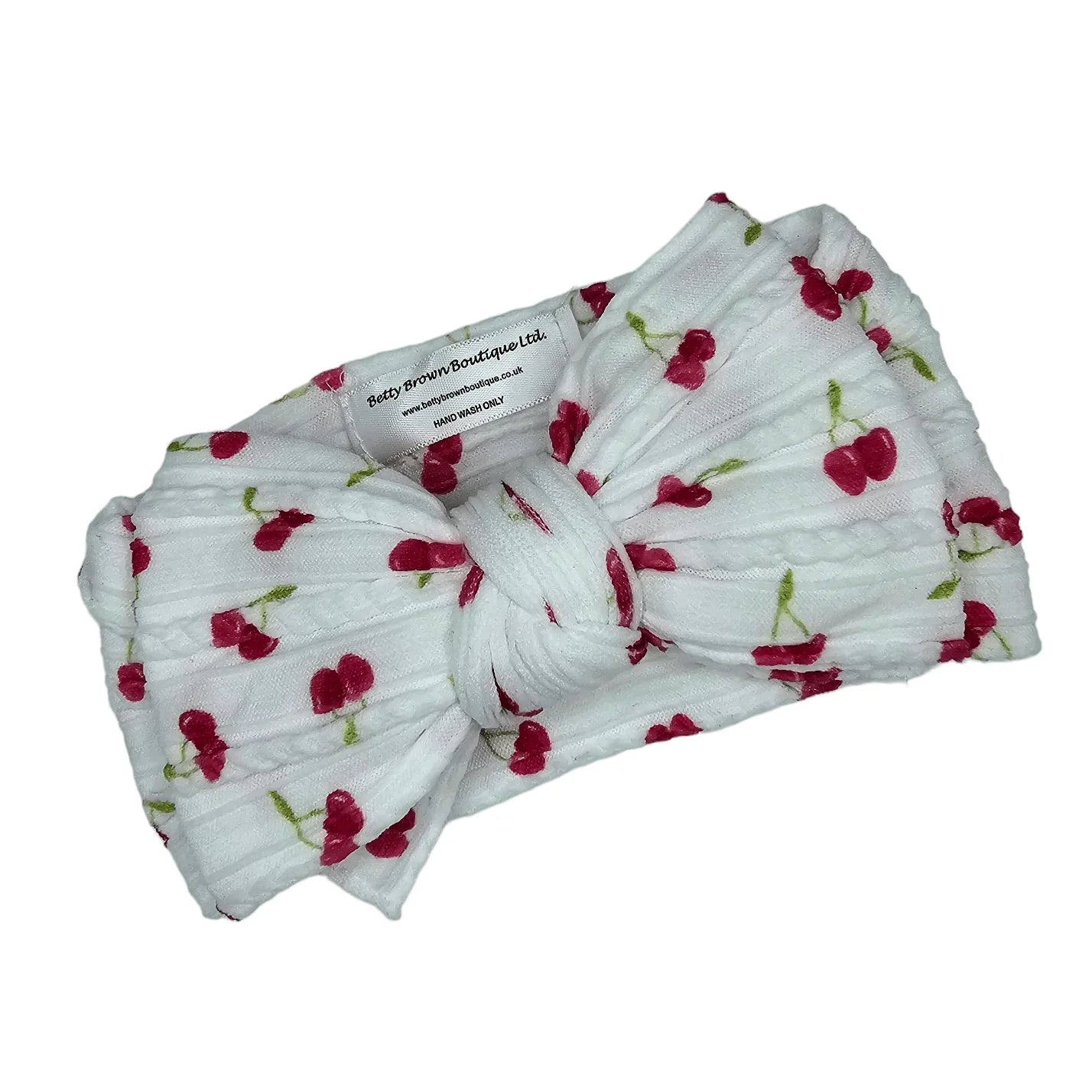 White Cherry Print Larger Bow Headband For Newborns to Age 3 - Image 2
