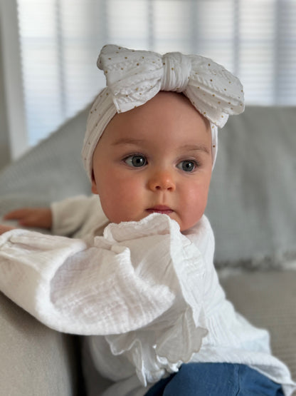 White Gold Spot Larger Bow Headband Perfect For Babies - Image 4