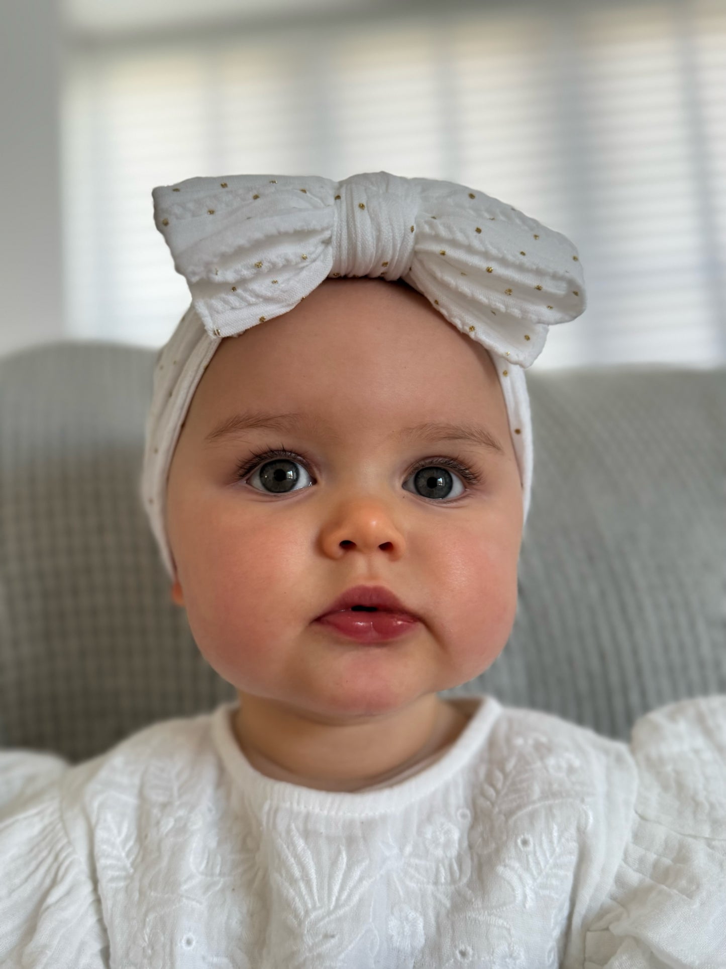 White Gold Spot Larger Bow Headband Perfect For Babies - Image 6