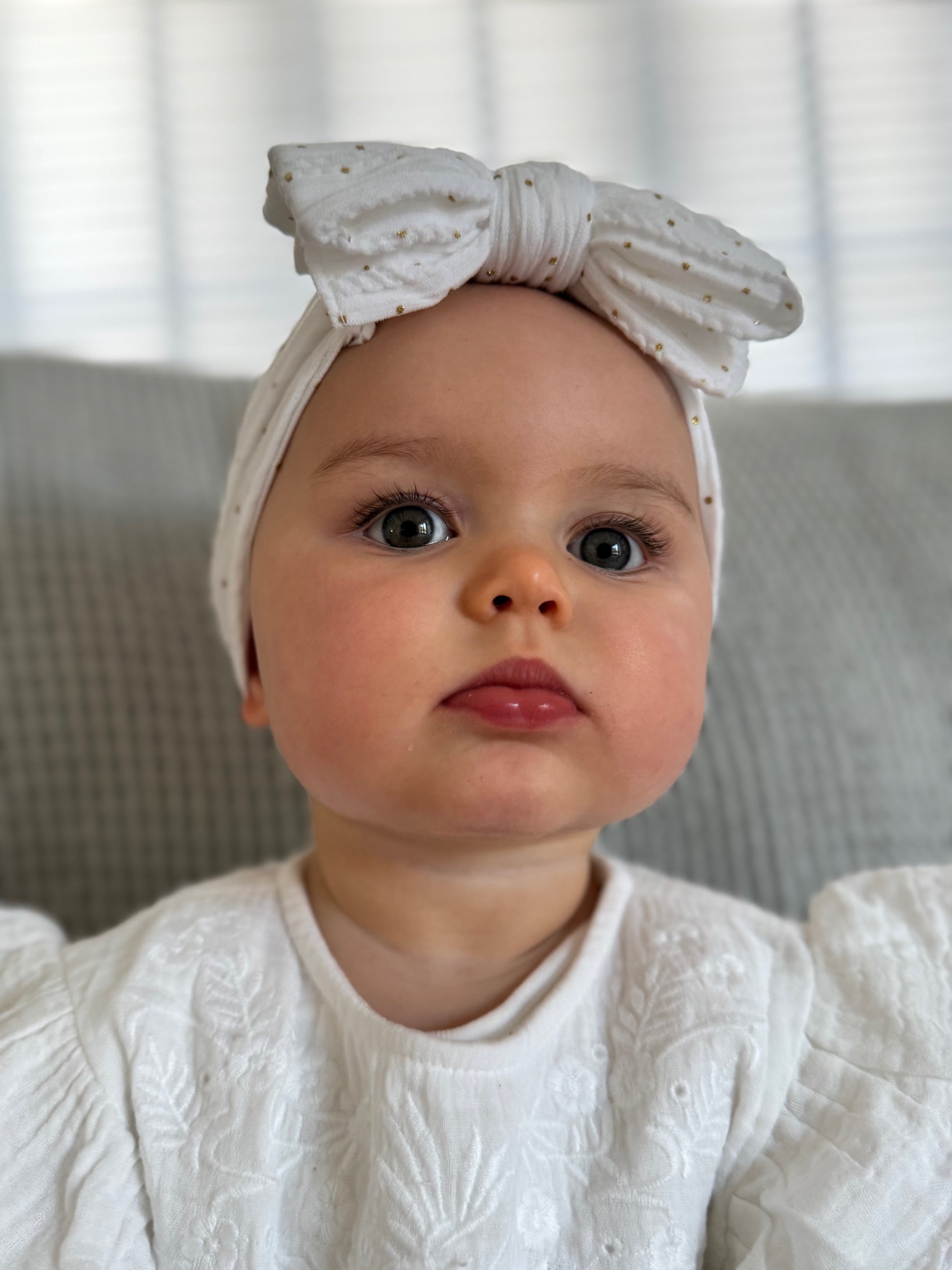 White Gold Spot Larger Bow Headband Perfect For Babies - Image 5