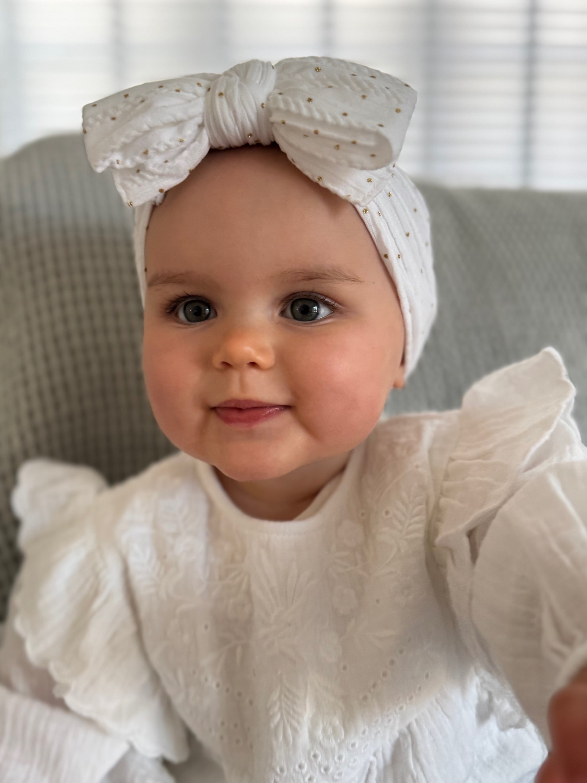 White Gold Spot Larger Bow Headband Perfect For Babies - Image 1