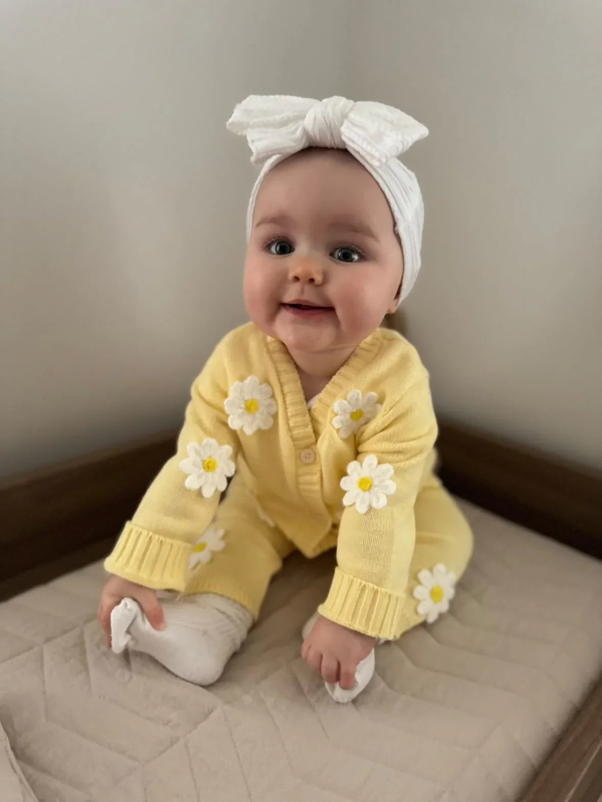 White Larger Bow Headband Designed For Newborn Babies to Age 3 - Image 4