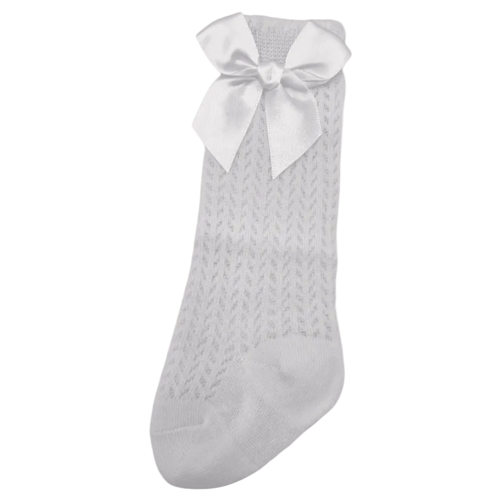 White Open Patterned Knee High Socks With Bow For 6-24 Months - Image 1