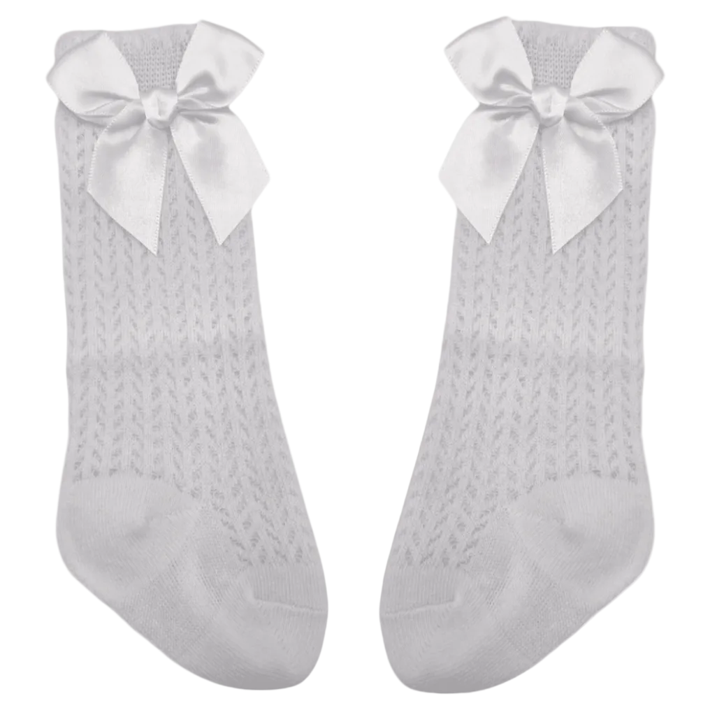 White Open Patterned Knee High Socks With Bow For 6-24 Months - Image 2