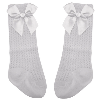 White Open Patterned Knee High Socks With Bow For 6-24 Months - Image 2