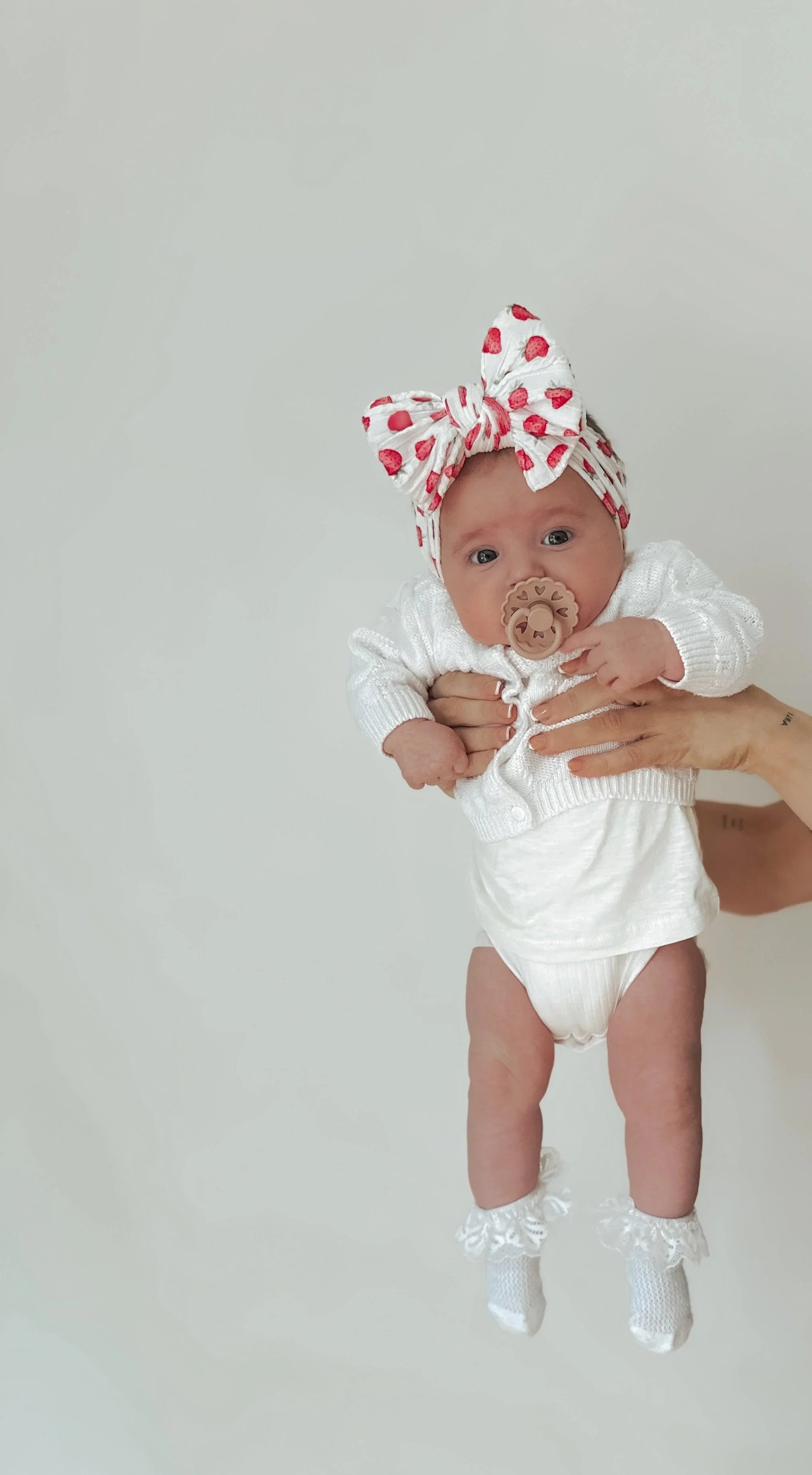 White Strawberry Larger Bow Headband For Newborns to Age 3 - Image 4