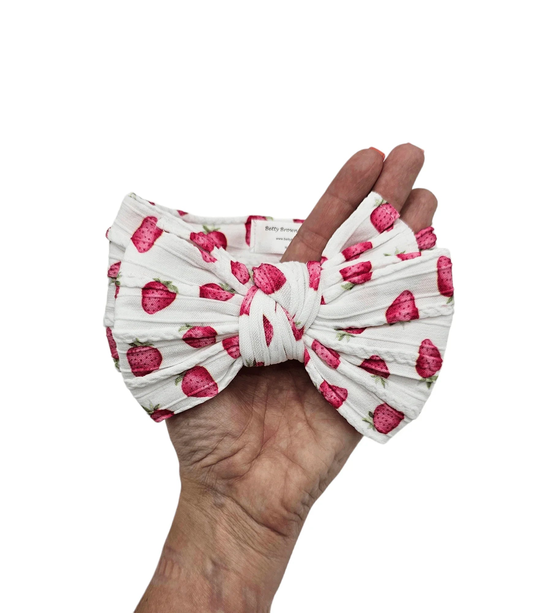 White Strawberry Larger Bow Headband For Newborns to Age 3 - Image 5