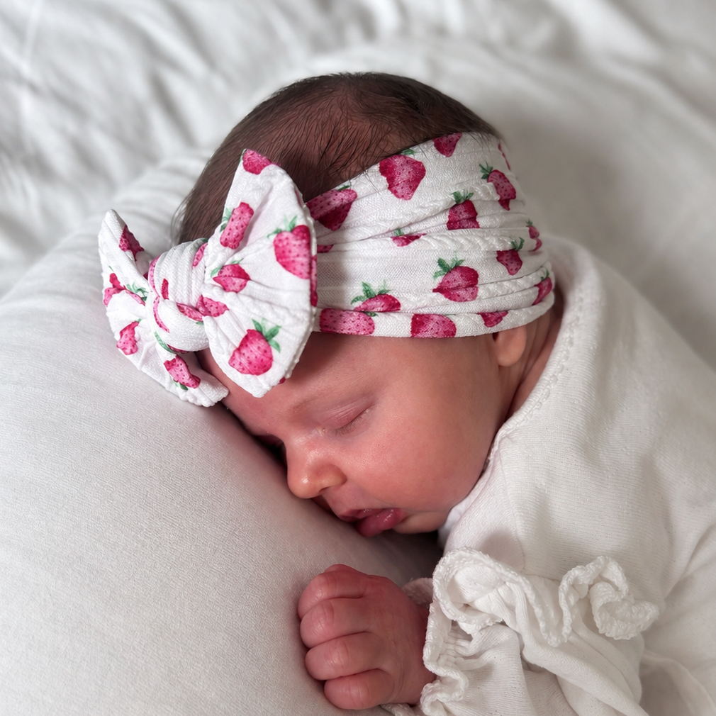 White Strawberry Print Smaller Bow Headband For Babies - Image 1