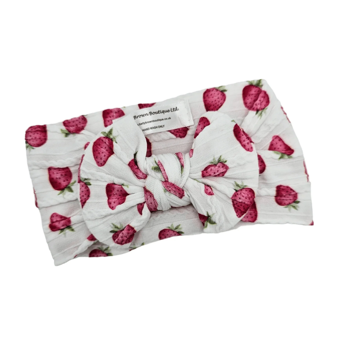 White Strawberry Print Smaller Bow Headband For Babies - Image 2