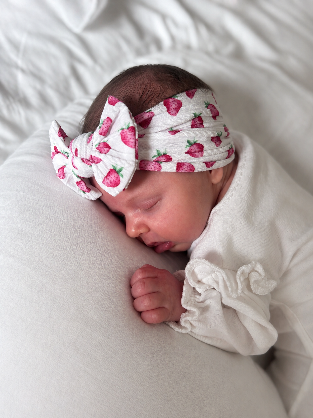 White Strawberry Print Smaller Bow Headband For Babies - Image 3