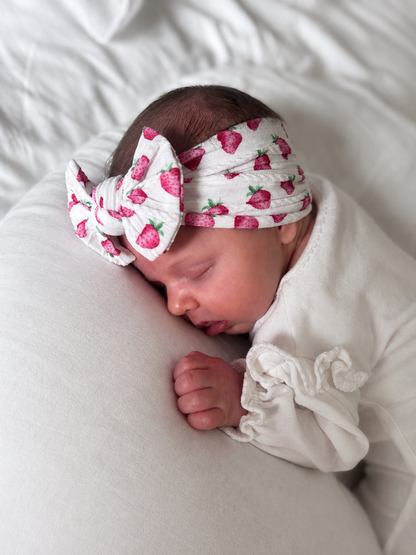 White Strawberry Print Smaller Bow Headband For Babies - Image 3