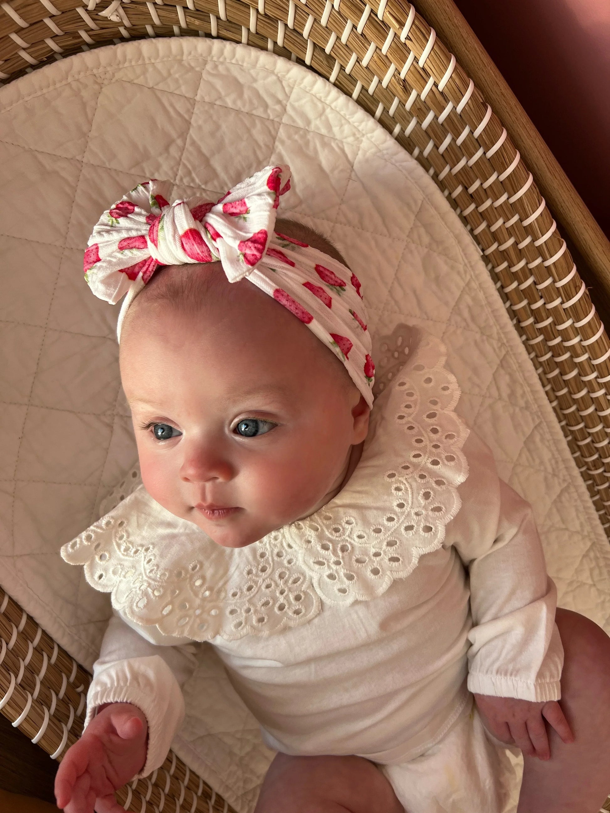 White Strawberry Print Smaller Bow Headband For Babies - Image 5