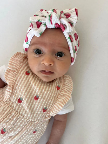 White Strawberry Print Smaller Bow Headband For Babies - Image 1