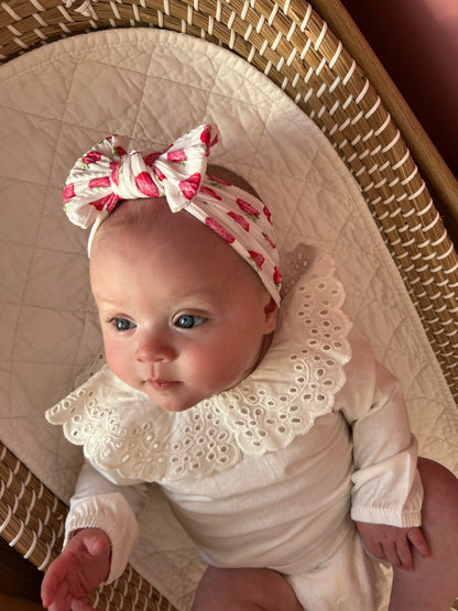 White Strawberry Print Smaller Bow Headband For Babies - Image 2