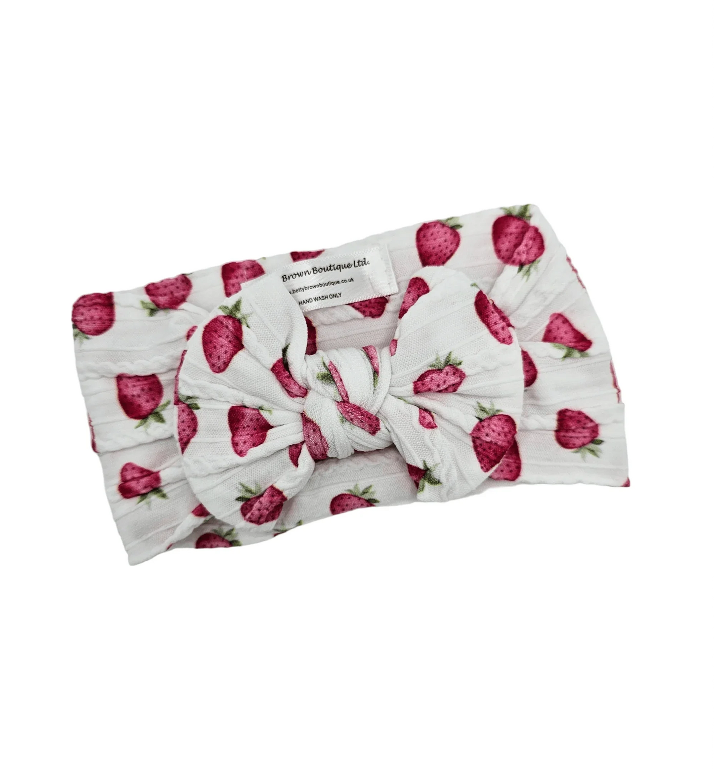 White Strawberry Print Smaller Bow Headband For Babies - Image 3