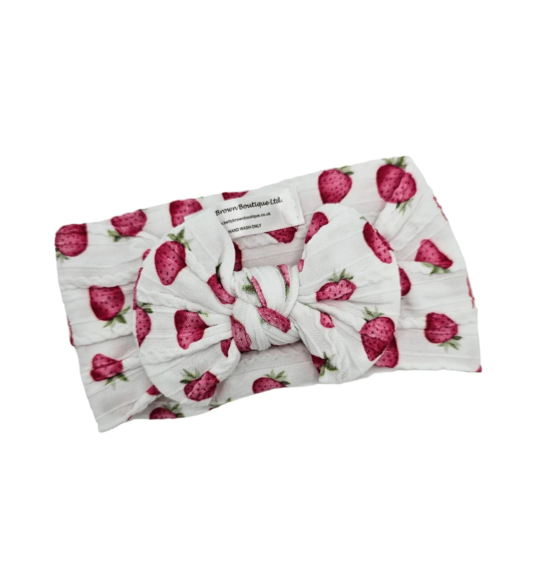 White Strawberry Print Smaller Bow Headband For Babies - Image 3