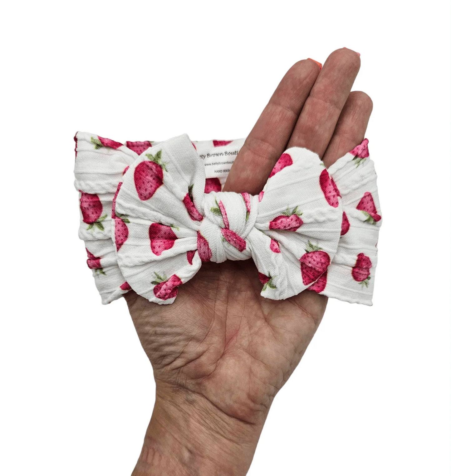 White Strawberry Print Smaller Bow Headband For Babies - Image 4