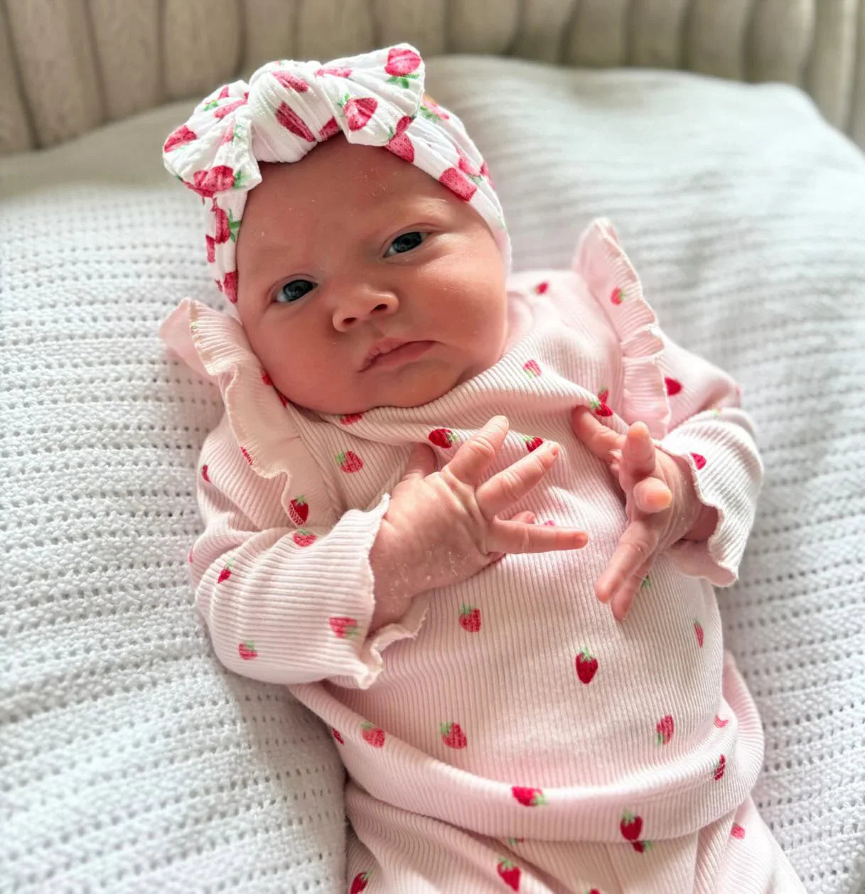 White Strawberry Print Smaller Bow Headband For Babies - Image 7