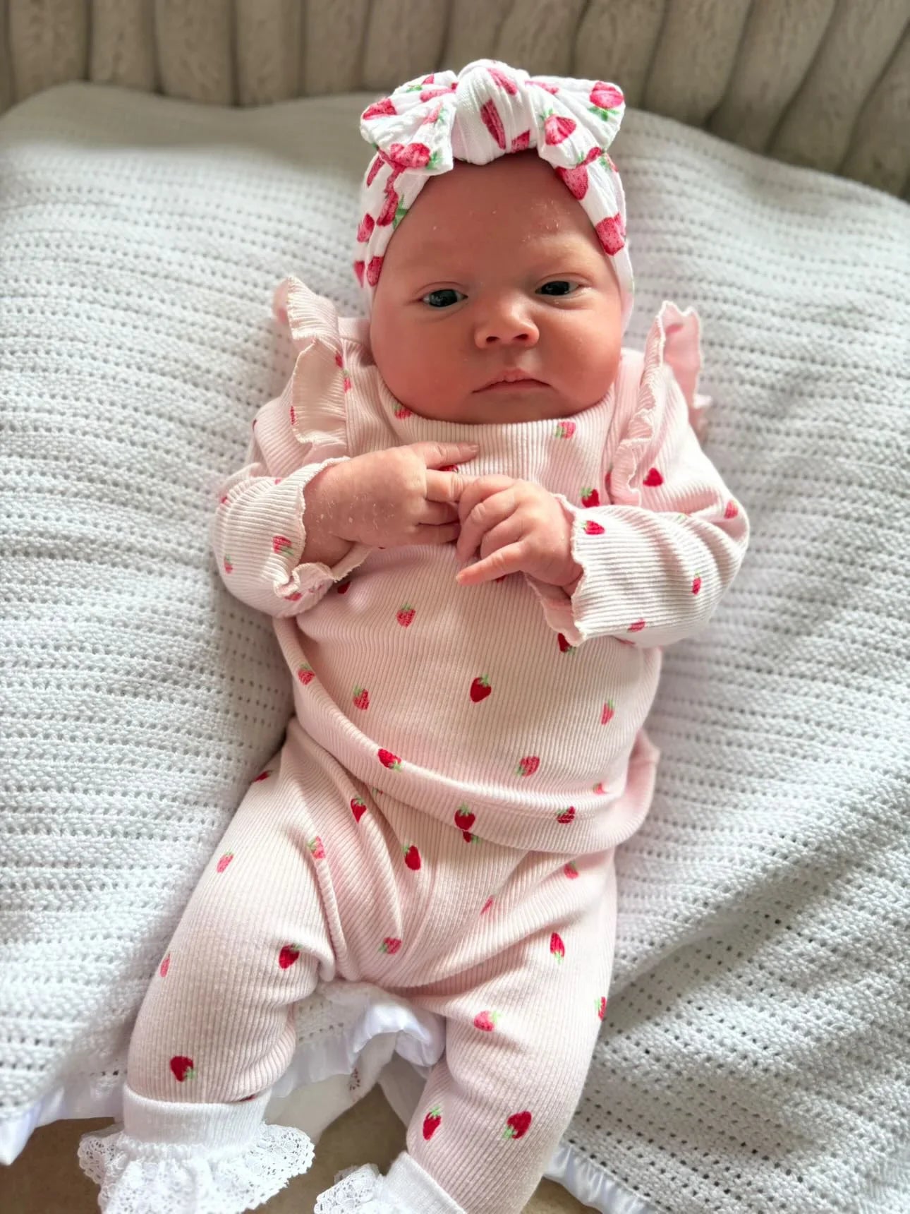 White Strawberry Print Smaller Bow Headband For Babies - Image 8