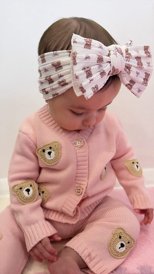 White Teddy Larger Bow Headband for Girls From Newborn - Image 1